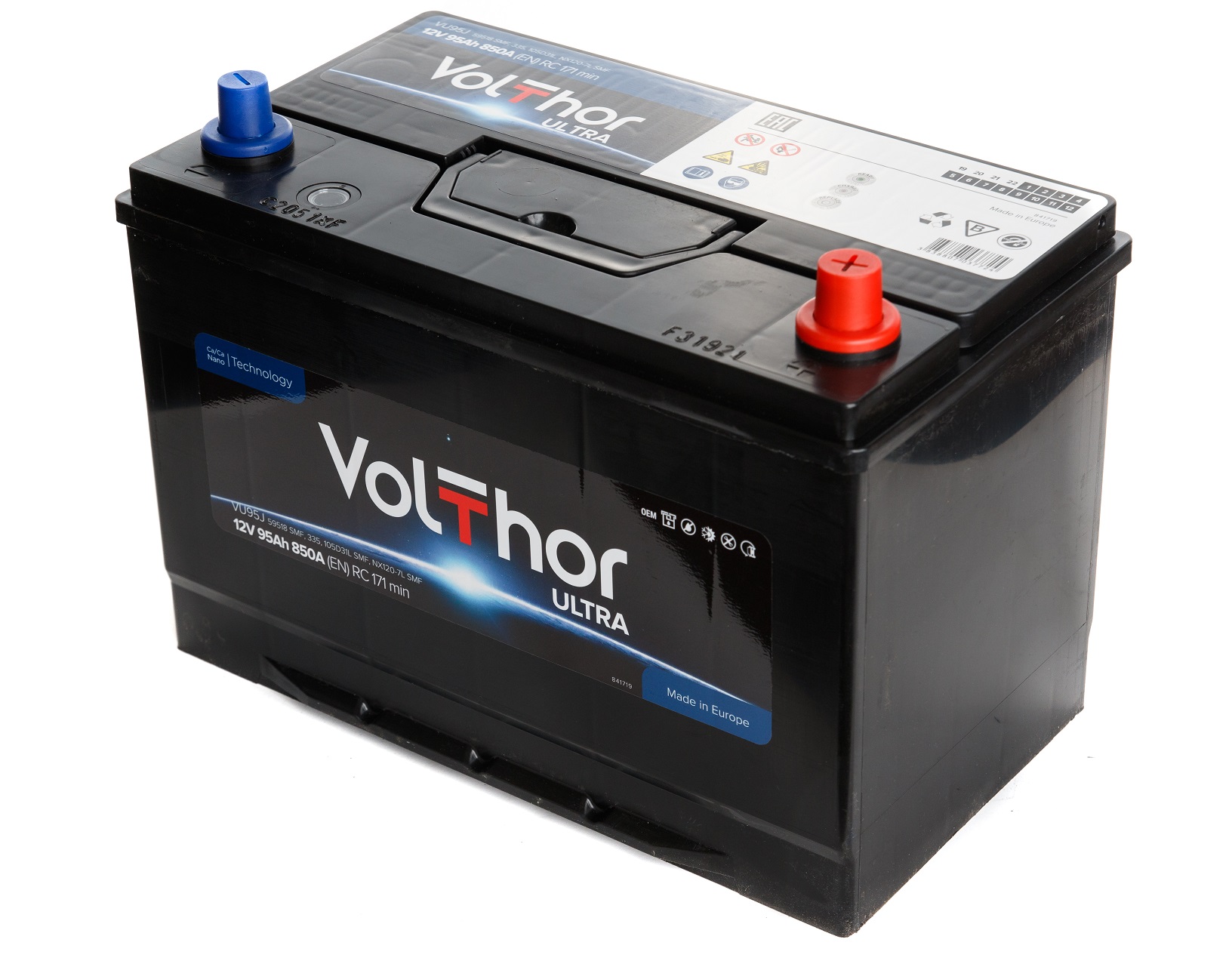 Акумулятор легковий VOLTHOR 6СТ-95(0) JIS (850А) ULTRA 12B, 95Ah, 850A, плюс праворуч (R+) кальцієвий (Ca/Ca) 306X173X200(220) мм (301095)